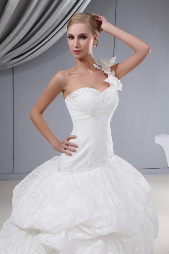 Ball Gown One-Shoulder Sleeveless Satin Lace Fine Netting Wedding Dresses 2030387 Ball Gown One-Shoulder Sleeveless Satin Lace Fine Netting Wedding Dresses 2030387