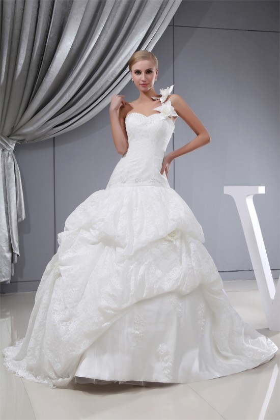 Ball Gown One-Shoulder Sleeveless Satin Lace Fine Netting Wedding Dresses 2030387 Ball Gown One-Shoulder Sleeveless Satin Lace Fine Netting Wedding Dresses 2030387