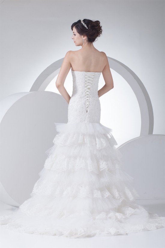 Trumpet/Mermaid Sleeveless Satin Lace Fine Netting Strapless Wedding Dresses 2030388