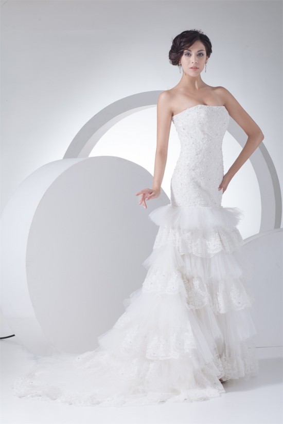 Trumpet/Mermaid Sleeveless Satin Lace Fine Netting Strapless Wedding Dresses 2030388