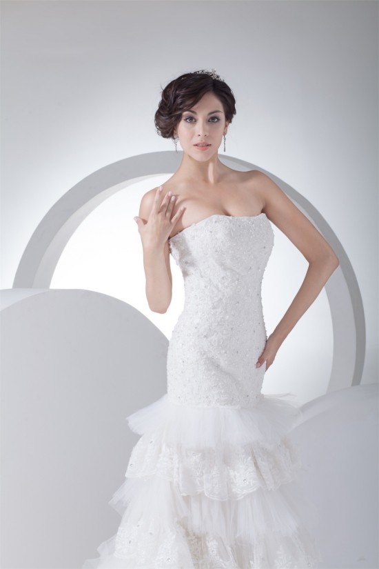 Trumpet/Mermaid Sleeveless Satin Lace Fine Netting Strapless Wedding Dresses 2030388