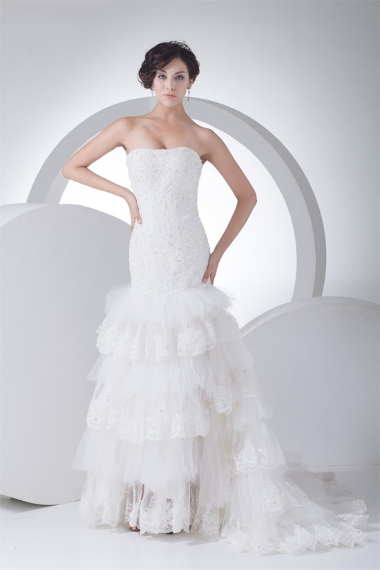Trumpet/Mermaid Sleeveless Satin Lace Fine Netting Strapless Wedding Dresses 2030388