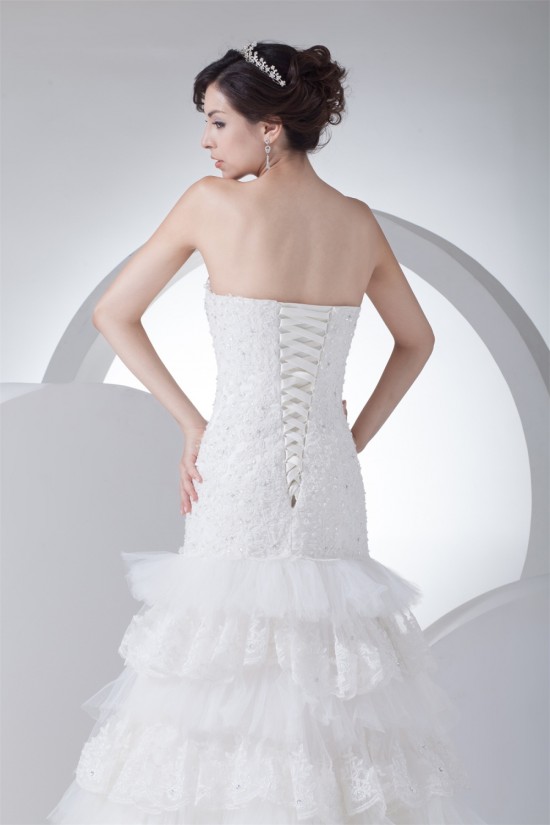 Trumpet/Mermaid Sleeveless Satin Lace Fine Netting Strapless Wedding Dresses 2030388