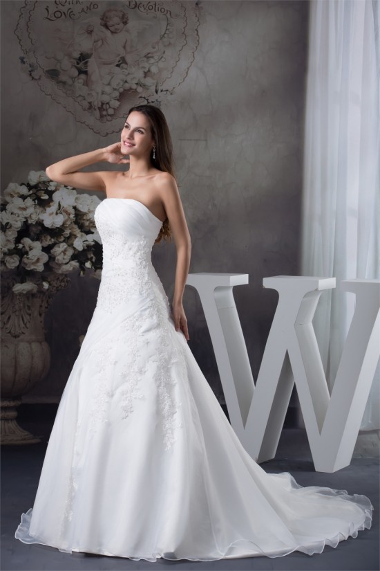 A-Line Strapless Sleeveless Satin Lace Organza Wedding Dresses 2030389 A-Line Strapless Sleeveless Satin Lace Organza Wedding Dresses 2030389