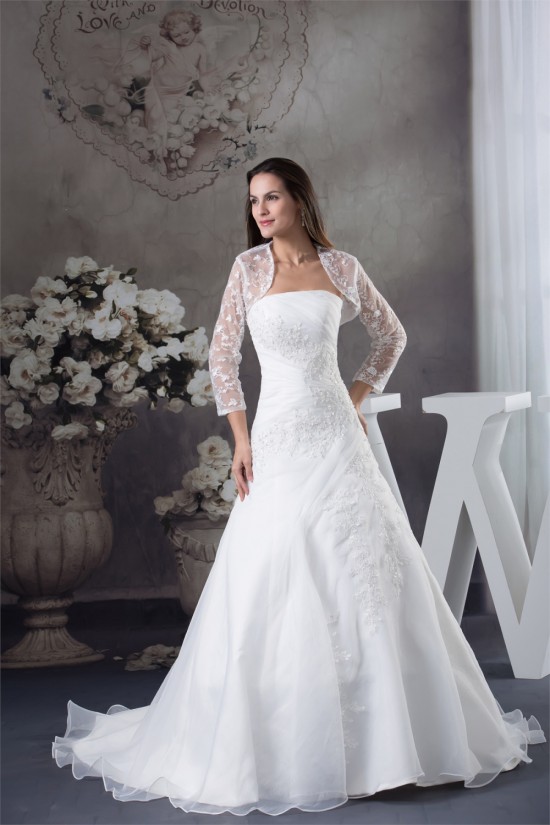 A-Line Strapless Sleeveless Satin Lace Organza Wedding Dresses 2030389 A-Line Strapless Sleeveless Satin Lace Organza Wedding Dresses 2030389