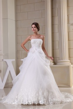 A-Line Strapless Sleeveless Satin Lace Organza Wedding Dresses 2030390