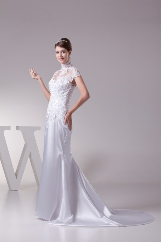Trumpet/Mermaid High Neck Lace Silk like Satin Fine Netting Wedding Dresses 2030400 Trumpet/Mermaid High Neck Lace Silk like Satin Fine Netting Wedding Dresses 2030400