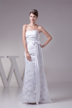 Sleeveless Sheath/Column Square Lace Silk like Satin Wedding Dresses 2030402