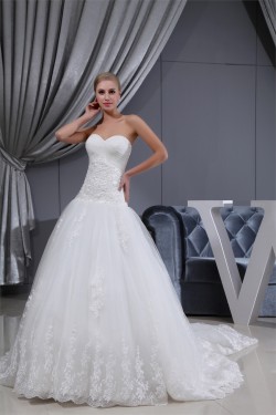 A-Line Sleeveless Sweetheart Satin Lace Fine Netting Wedding Dresses 2030423