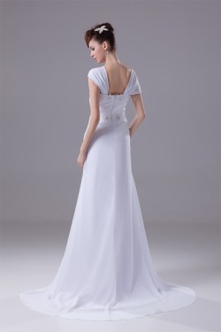 Sheath/Column Capped Sleeves Chiffon Silk like Satin Beaded Lace Wedding Dresses 2030442