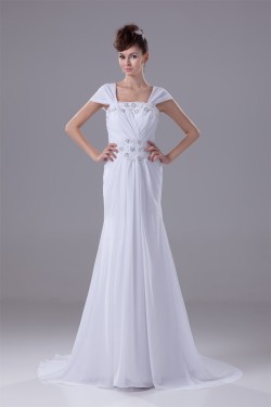 Sheath/Column Capped Sleeves Chiffon Silk like Satin Beaded Lace Wedding Dresses 2030442
