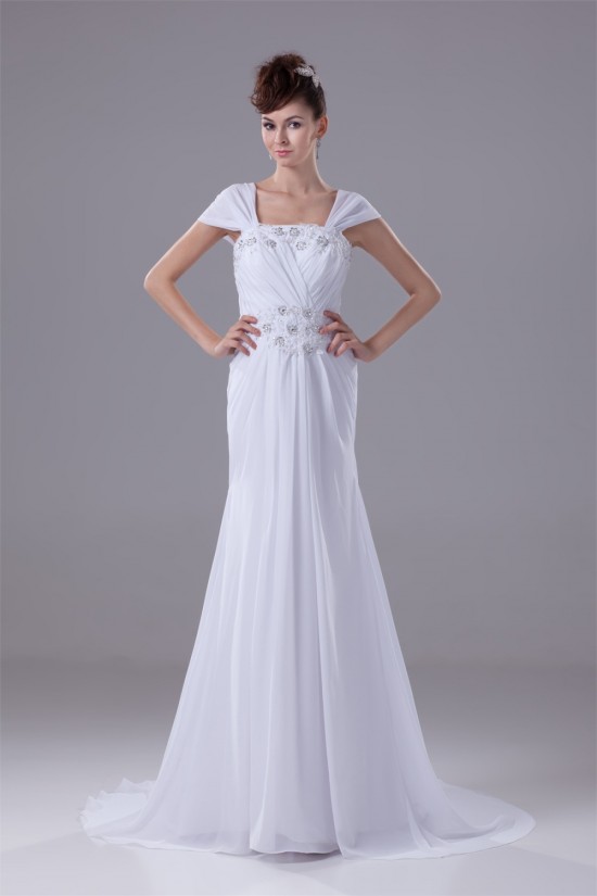 Sheath/Column Capped Sleeves Chiffon Silk like Satin Beaded Lace Wedding Dresses 2030442 Sheath/Column Capped Sleeves Chiffon Silk like Satin Beaded Lace Wedding Dresses 2030442