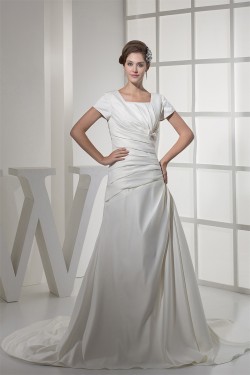 Square Satin Short Sleeve A-Line Wedding Dresses 2030443