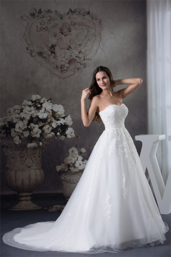 A-Line Sweetheart Sleeveless Satin Fine Netting Lace Wedding Dresses 2030471