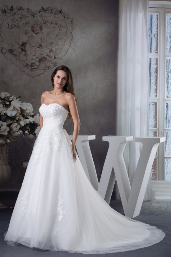 A-Line Sweetheart Sleeveless Satin Fine Netting Lace Wedding Dresses 2030471