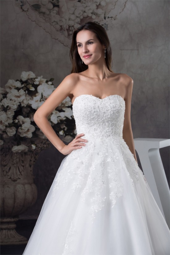 A-Line Sweetheart Sleeveless Satin Fine Netting Lace Wedding Dresses 2030471