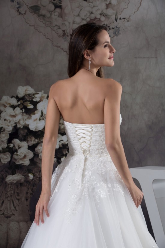 A-Line Sweetheart Sleeveless Satin Fine Netting Lace Wedding Dresses 2030471