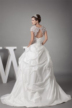 Taffeta Fine Netting Square Short Sleeve Lace Wedding Dresses 2030493