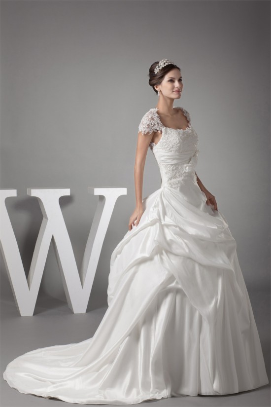 Taffeta Fine Netting Square Short Sleeve Lace Wedding Dresses 2030493