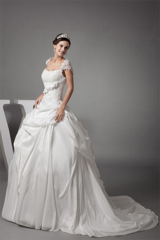 Taffeta Fine Netting Square Short Sleeve Lace Wedding Dresses 2030493