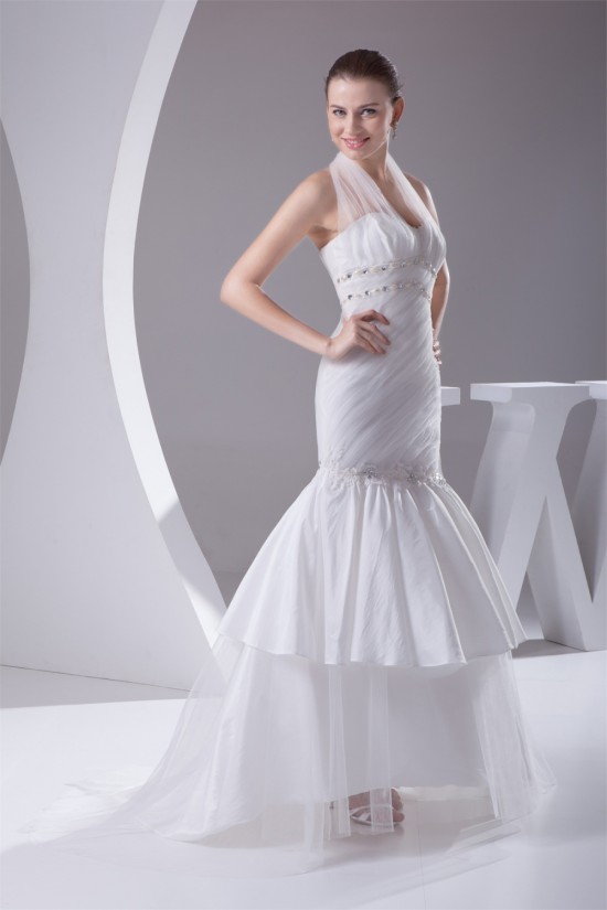 Trumpet/Mermaid Taffeta Ruffled Netting Halter Sleeveless Wedding Dresses 2030497
