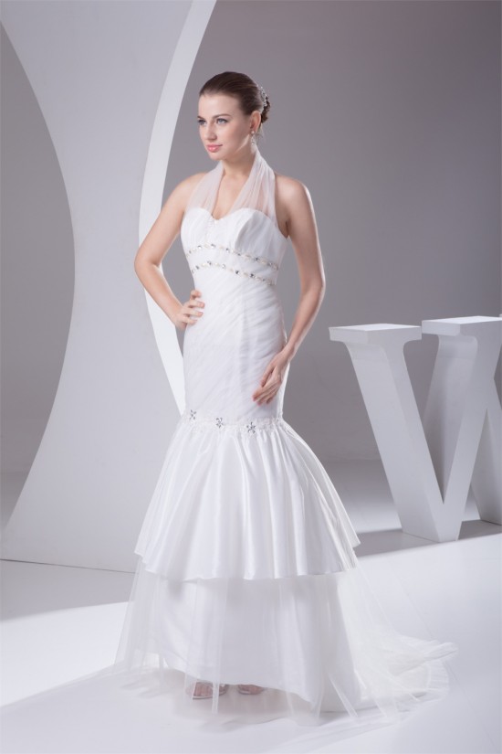 Trumpet/Mermaid Taffeta Ruffled Netting Halter Sleeveless Wedding Dresses 2030497
