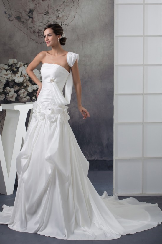 Taffeta Strapless Sleeveless A-Line Chapel Train Wedding Dresses 2030500