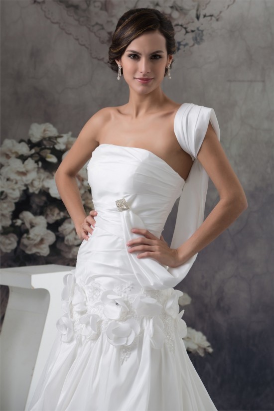 Taffeta Strapless Sleeveless A-Line Chapel Train Wedding Dresses 2030500