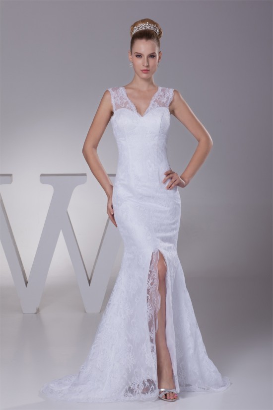 Mermaid/Trumpet V-Neck Sleeveless Satin Lace Best Wedding Dresses 2030510 Mermaid/Trumpet V-Neck Sleeveless Satin Lace Best Wedding Dresses 2030510