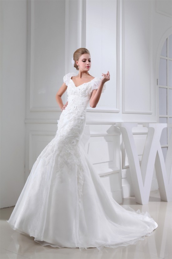 V-Neck Mermaid/Trumpet Sleeveless Satin Lace Organza Wedding Dresses 2030511