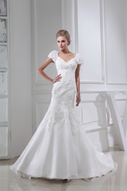 V-Neck Mermaid/Trumpet Sleeveless Satin Lace Organza Wedding Dresses 2030511