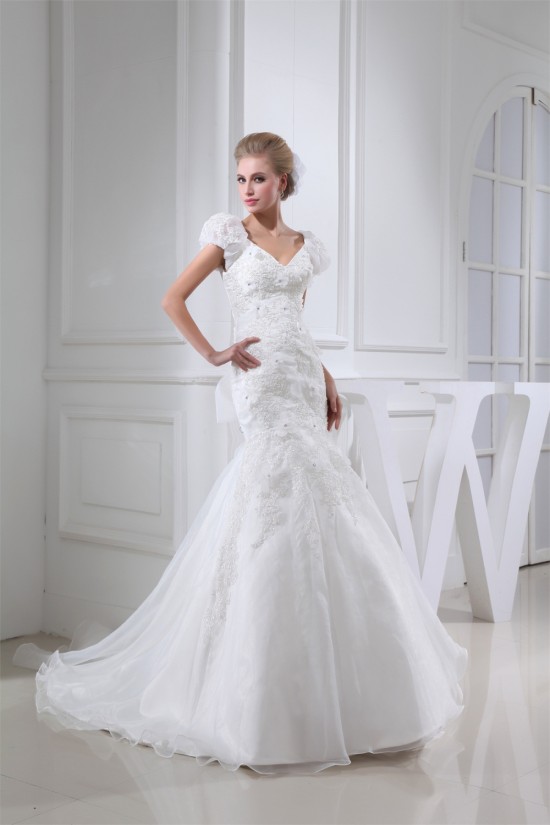 V-Neck Mermaid/Trumpet Sleeveless Satin Lace Organza Wedding Dresses 2030511