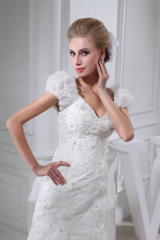 V-Neck Mermaid/Trumpet Sleeveless Satin Lace Organza Wedding Dresses 2030511