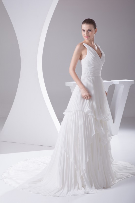 Wholesale A-Line V-Neck Chiffon Satin Sleeveless Best Wedding Dresses 2030514
