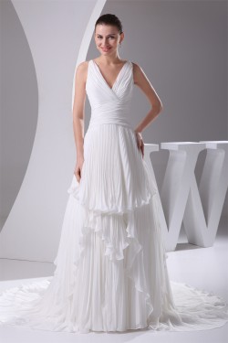 Wholesale A-Line V-Neck Chiffon Satin Sleeveless Best Wedding Dresses 2030514