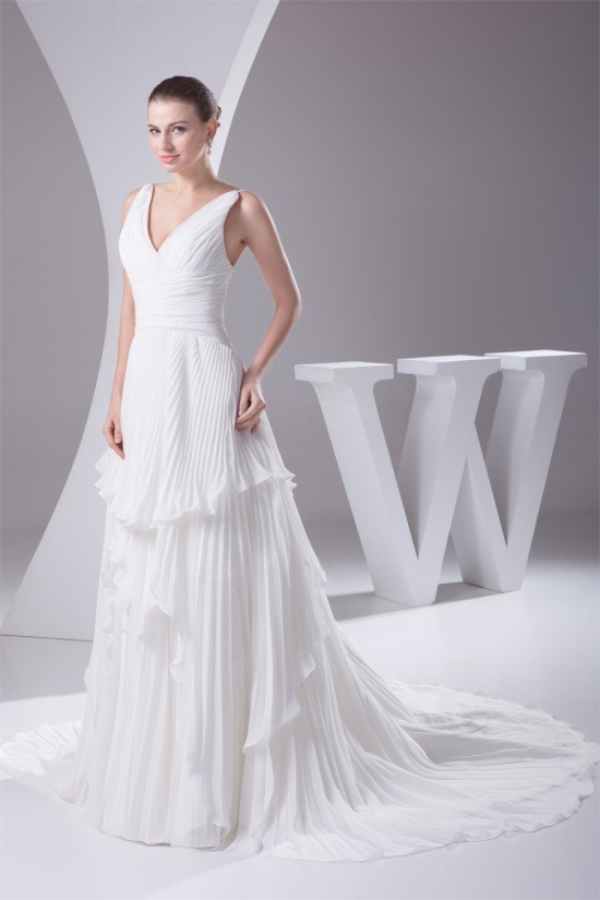 Wholesale A-Line V-Neck Chiffon Satin Sleeveless Best Wedding Dresses 2030514