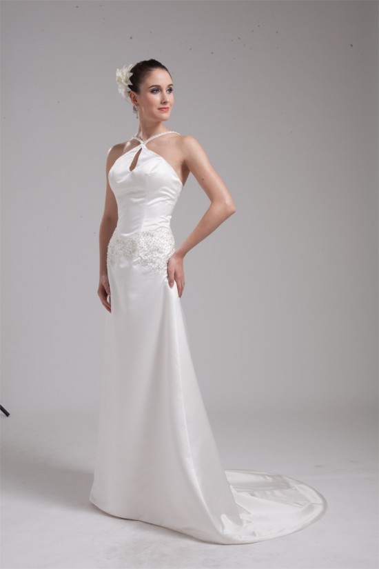 Wonderful Satin Sleeveless Halter A-Line Bead Wedding Dresses 2030522