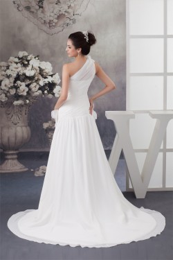 A-Line Chiffon Satin Sleeveless One-Shoulder Most Beautiful Wedding Dresses 2030529