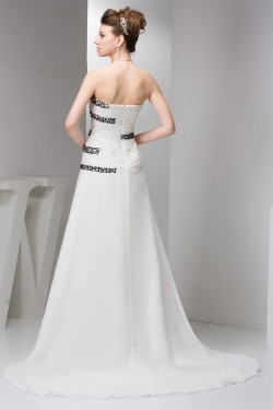 A-Line Chiffon Silk like Satin Strapless Beaded Sweep Train Wedding Dresses 2030530