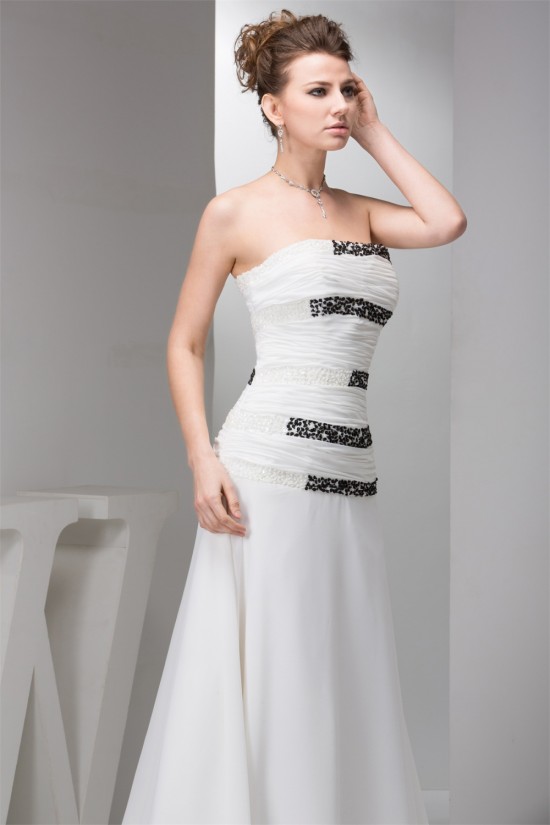 A-Line Chiffon Silk like Satin Strapless Beaded Sweep Train Wedding Dresses 2030530