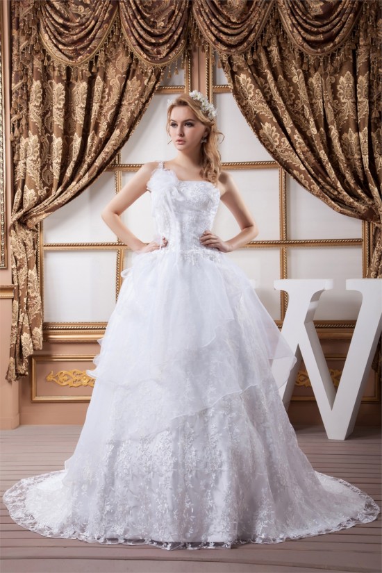 A-Line One-Shoulder Satin Sleeveless Lace Wedding Dresses 2030533