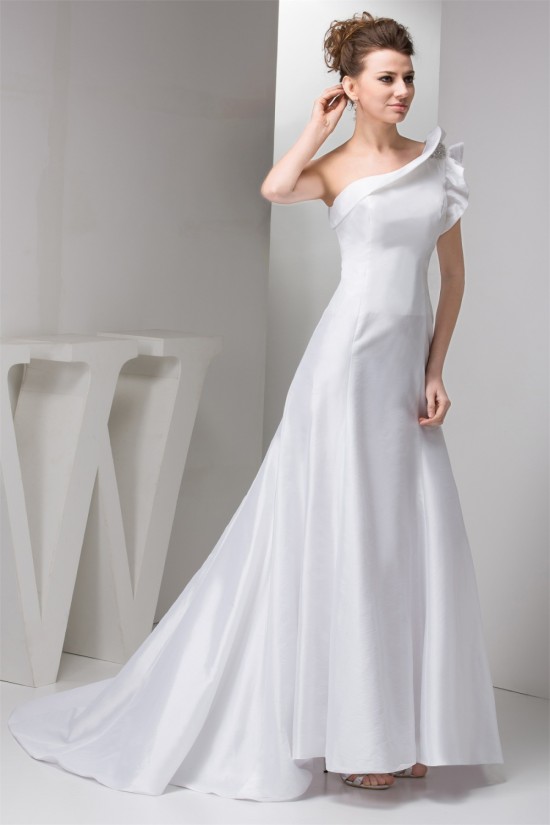 A-Line One-Shoulder Sleeveless Satin Taffeta Sweet Wedding Dresses 2030534