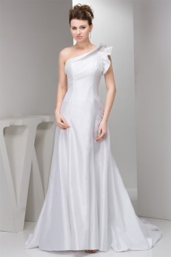 A-Line One-Shoulder Sleeveless Satin Taffeta Sweet Wedding Dresses 2030534
