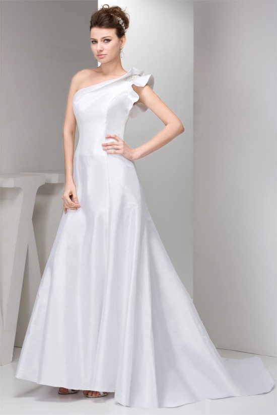 A-Line One-Shoulder Sleeveless Satin Taffeta Sweet Wedding Dresses 2030534