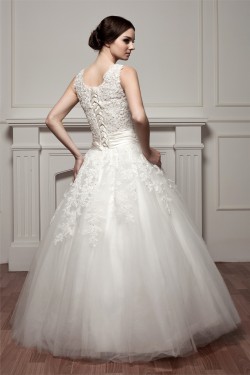 A-Line Satin Fine Netting Sleeveless Portrait Lace Wedding Dresses 2030535