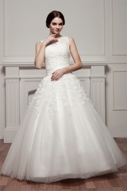 A-Line Satin Fine Netting Sleeveless Portrait Lace Wedding Dresses 2030535