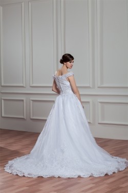 A-Line Sleeveless Off-the-Shoulder Satin Organza Lace Wedding Dresses 2030540