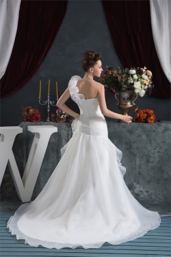 A-Line Sleeveless One-Shoulder Satin Satin Organza Sweet Wedding Dresses 2030541