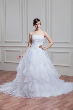 A-Line Sleeveless Satin Organza Soft Sweetheart Beaded Wedding Dresses 2030544