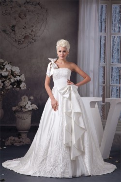 A-Line Sleeveless Satin Taffeta One-Shoulder Lace Wedding Dresses 2030545